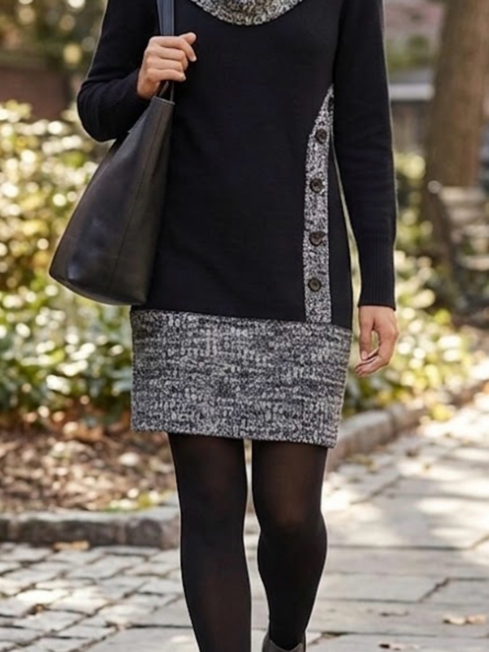 VENUS Black Dress with Marled Gray Cowl & Button Trim